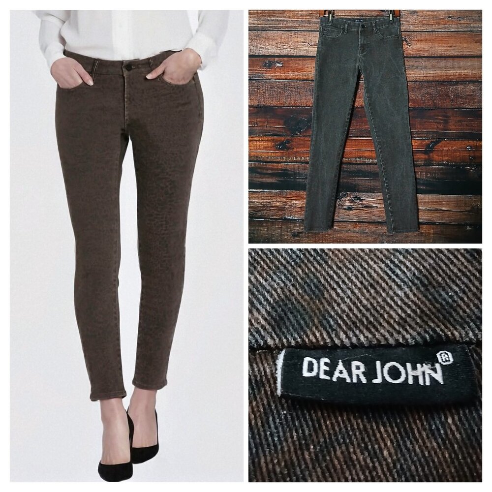 Dear John Jeans 26 Gisele Skinny Ankle Mid Rise Mocha Leopard Print Denim